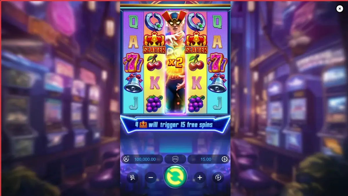 Interface do jogo de slot Super Wildrix com tema de super-herói neon